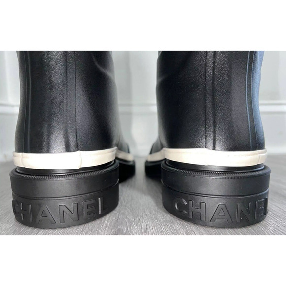 Chanel 22K Black White Caoutchouc CC Logo Thigh High Pull On Rubber Rain Boot 40 - Picture 11 of 12